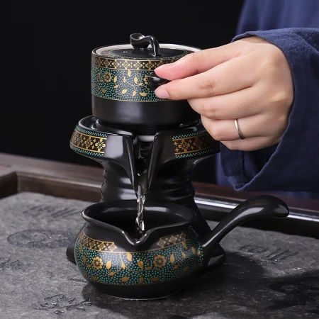 Haofeng Ceramic Kung Fu Tea Set Household Tea Tray Stone Mill Lazy Automatic Tea Set Accessories Teacup Teapot Tea Caddy Special [Green] [vine 9-piece set]