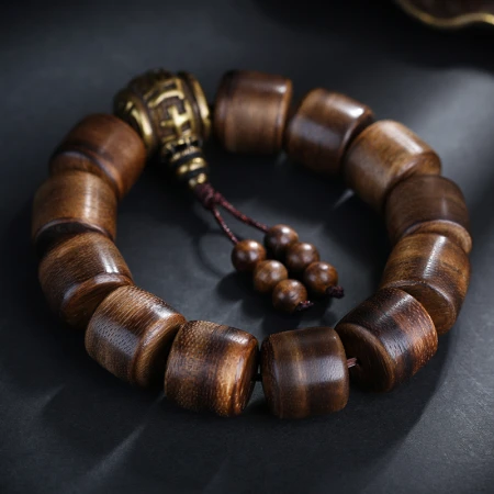 Yanyun Jewelry Agarwood Bracelet Brunei Old Material Buddha Bead Rosary Barrel Bead Wood Bracelet Handle Six-character Mantra Bracelet Men's 15mm