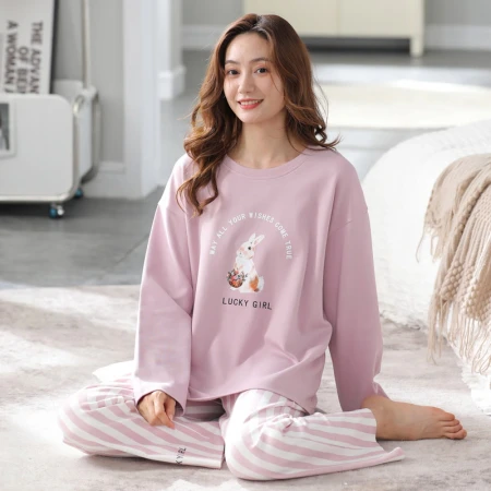 Cat people pajamas women's pullover long-sleeved two-piece autumn and winter fashion can be worn outside simple and cute home service suit pink purple L