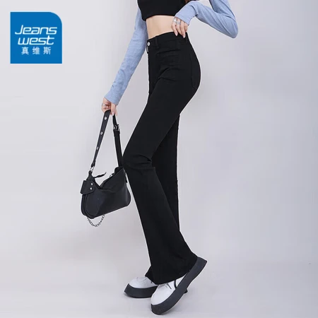 Jeanswest JEANSWEST jeans women's Hong Kong style retro high waist women's trousers spring slimming all-match micro flared trousers black L