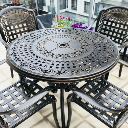 Mojia Outdoor Furniture Cast Aluminum Table and Chair Combination Outdoor Courtyard Table and Chair Terrace Iron Table and Chair Leisure Villa Garden Balcony Table and Chair Light Luxury Three-Five-Piece Set of Chairs Without Embroidery Table and Chair Slanted Chair with 90cm Woven Table
