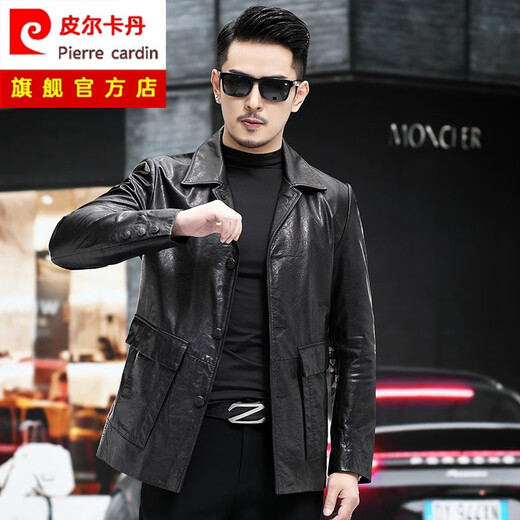 Pierre Cardin Haining first-layer waxed cowhide windbreaker genuine leather jacket for men medium-length suit collar windbreaker dad leather jacket black XL 175 (50)