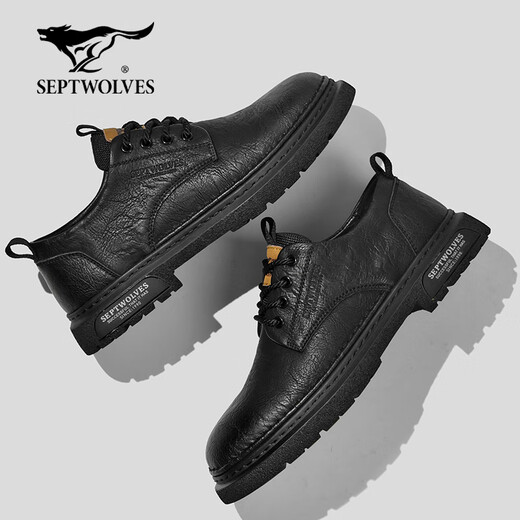 Septwolves Men's Shoes Business Casual Shoes Winter 2025 New Genuine Leather Soft Soled Casual Leather Shoes Black Workwear Low-top Martin Boots Black 41