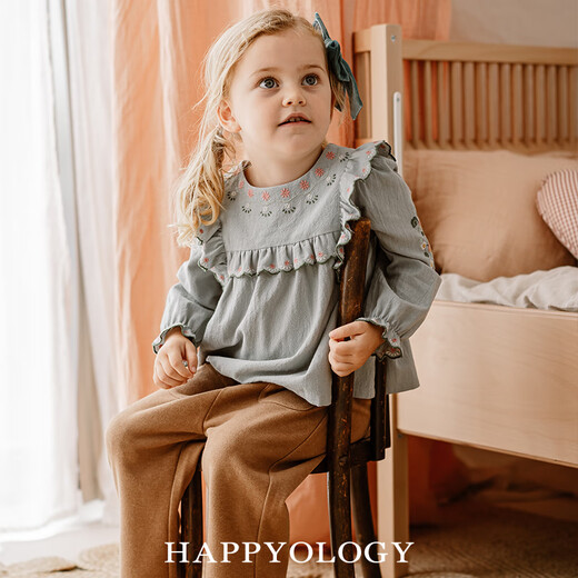 Happyology British children's girls' children's clothing ruffled shirt cotton contrast embroidered big children's top bean pink green 92 (92cm)