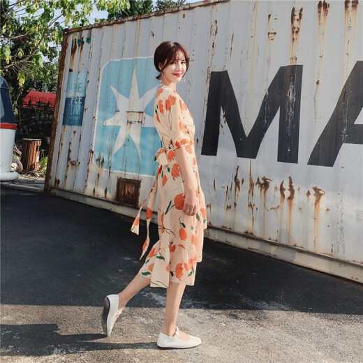 JOYOFJOY Summer Women's Korean Style Casual Fashion Beach Resort Style Printed Dress Long Skirt Women's Short Sleeve Dress Women JWQZ203533 Picture Color M
