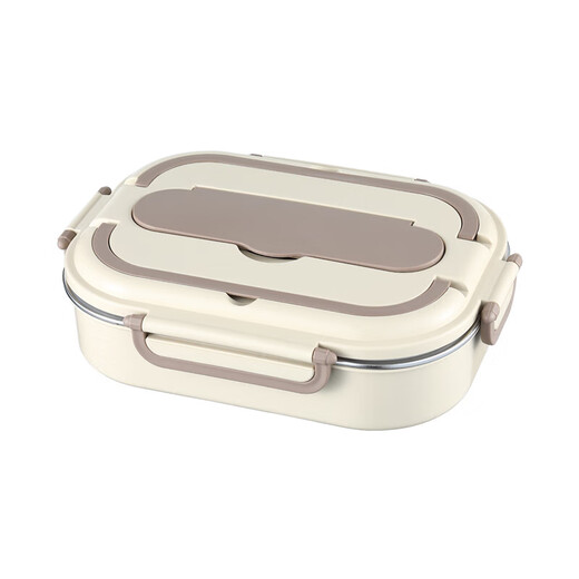 Stainless steel lunch box for high school and junior high school students, large-capacity tableware lunch box for office workers, five compartments + tableware + bowl + insulation bag, beige