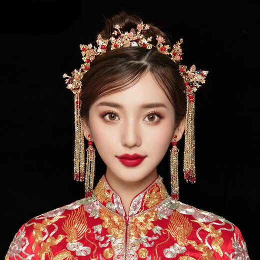 Xiuhe headdress simple and elegant red Chinese style bridal phoenix crown ancient costume Xiuhe clothing wedding accessories set + bracelet (default ear clip style) If you need ear hook style, please contact customer service