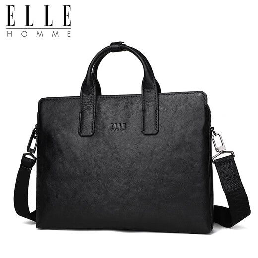 ELLE HOMME Men's Business Briefcase Vegetable-tanned First-Layer Cowhide Handbag Large-Capacity Shoulder Crossbody Bag Casual Computer Bag NBEA088206411 Black