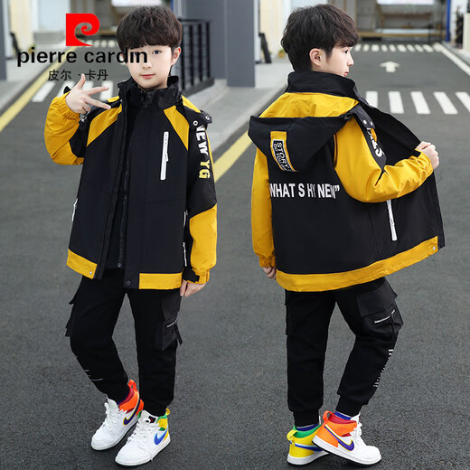 Pierre Cardin Boys Autumn and Winter Three-in-One Jacket for Medium and Large Children Detachable Jacket Thickened and Warm Winter Color Block Top Handsome Gray Cotton Thickened 160cm