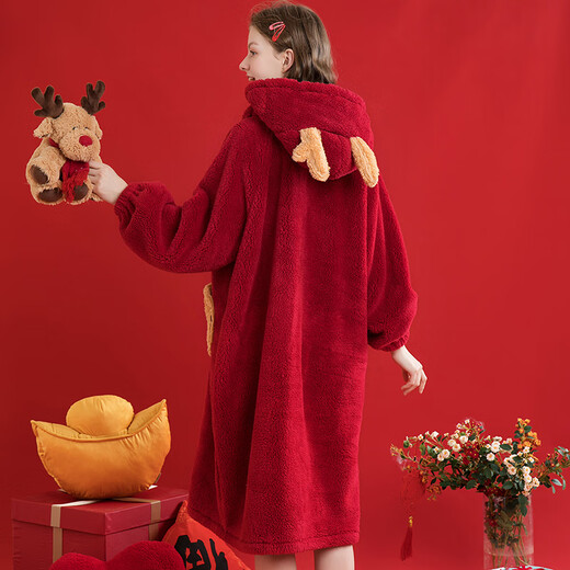 Fen Teng Couple Pajamas Zodiac Year of the Snake Coral Velvet Hooded Embroidered Long Sleeve Nanfu Puff Home Clothes Couple Pajamas Big Red-Women's L