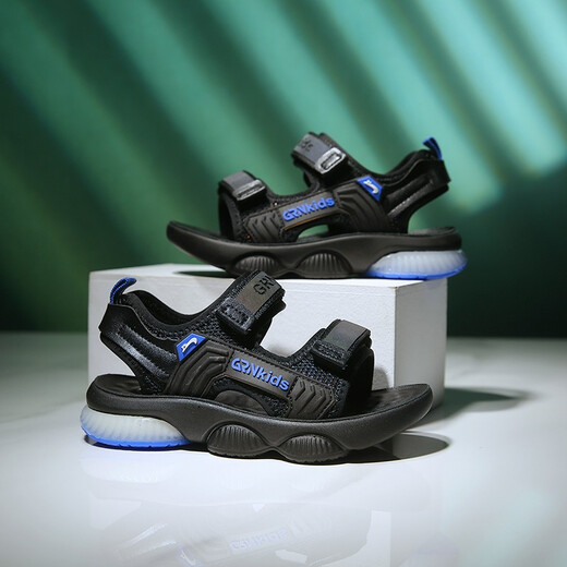 Guireniao children's sandals summer new boys' beach shoes children's soft bottom baby anti-slip soft bottom black and blue 37 (inner length 23.3/foot length 22.8)