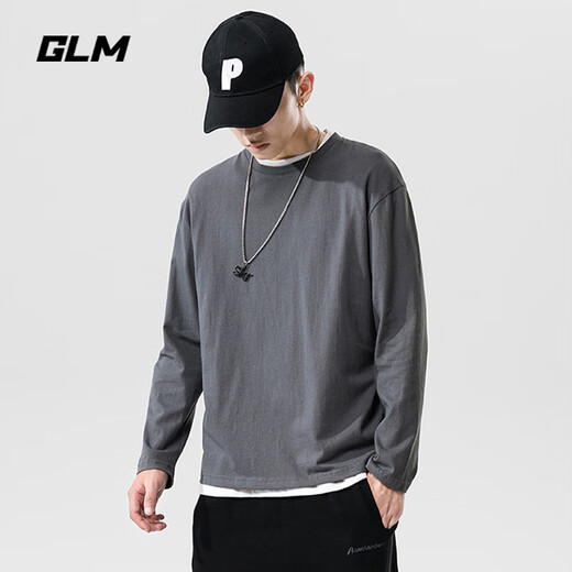 GLM pure cotton long-sleeved T-shirt for men in spring and autumn solid color T-shirt with loose large size men's bottoming shirt top
