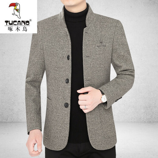 Woodpecker (TUCANO) high-end men's woolen jacket for men 2023 autumn and winter new stand-up collar thickened woolen coat dad wear black gray L 175 suitable for 120-135Jin Jin equals 0.5 kg