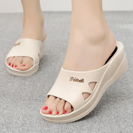 En Ruofan Plastic Slippers High Heel Women's Summer Outerwear Thick-soled Fashion Home Soft-soled Wedge Waterproof Sandals Black 795 Size 41 Suitable for 39 feet