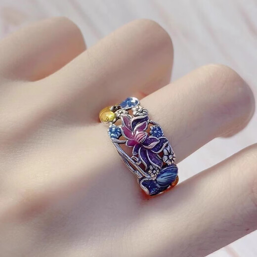 QMXD ring for women burned blue enamel to attract wealth and transfer koi lotus retro style national trend Han costume accessories niche trend opening ring + exquisite gift box
