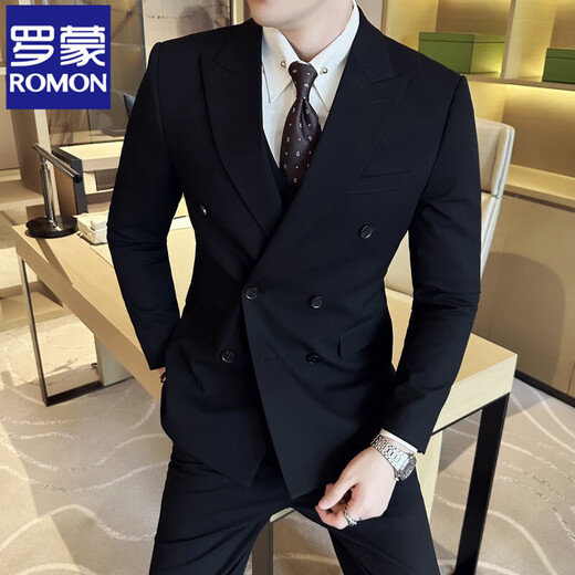 ROMON high-end customized suit men's British style double-breasted business casual suit large size three-piece formal wedding suit 338 black double-breasted single-piece suit XL (125-140Jin Jin equals 0.5 kg)