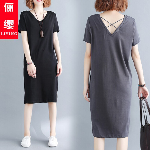 Liying dress women's 2020 summer new product fat mm plus fat backless fashion slim V-neck short-sleeved over-the-knee dress loose belly-covering skirt large size women's T-shirt bottoming skirt black 2XL [[120-140Jin[Jin equals 0.5 kg]]