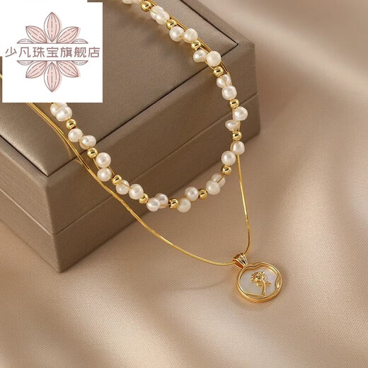 Shaofan Double Layer Rose Pendant Pearl Necklace Women's Light Luxury Design Clavicle Chain 2024 New Necklace Double Layer Double Layer Rose Pendant Shijia Pearl Necklace