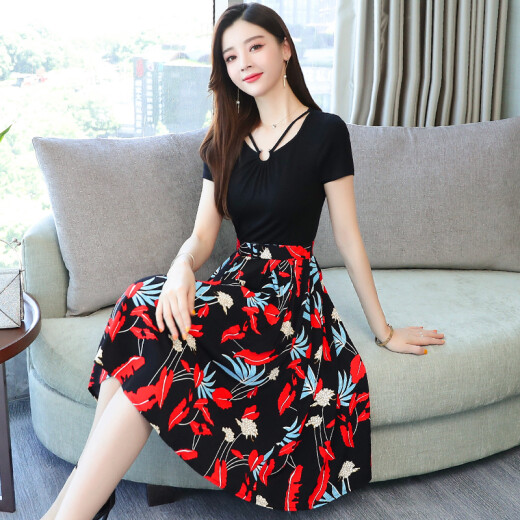 Ou Si Mai Dress Women's Summer Skirt Korean Style Medium Long Fake Two Piece Medium Long Style Slim Over Knee Printed Short Sleeve Z8827 Printed 2XL