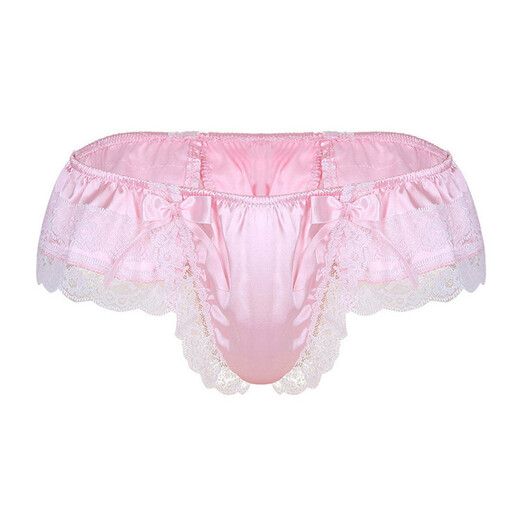 Guzhi large size European and American men's sexy underwear lace transvestite sexy transparent GAY anti-silk cross-dressing sexy thong 0 pink M