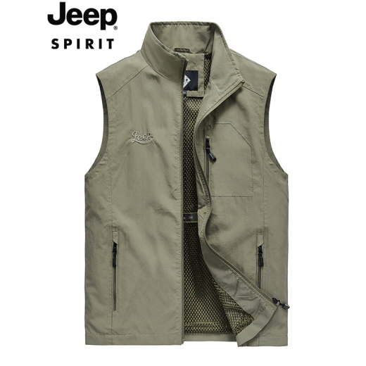 Jeep JEEP vest men's spring and autumn men's thin breathable multi-pocket vest jacket outdoor fishing photography leisure plus velvet thickened waistcoat vest can be customized LOGO3010 military green spring and autumn XL/135-150Jin [Jin equals 0.5 kg]