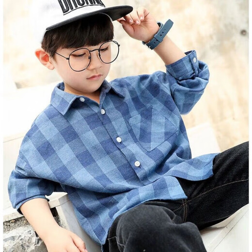 Weiman Fawn Children's Clothing Men's Children's Shirts Boys' Spring and Autumn Plaid Lapel Cardigan Jacket Tops Medium and Large Children's Shirts 208 Blue 120 Recommended height is about 110 cm