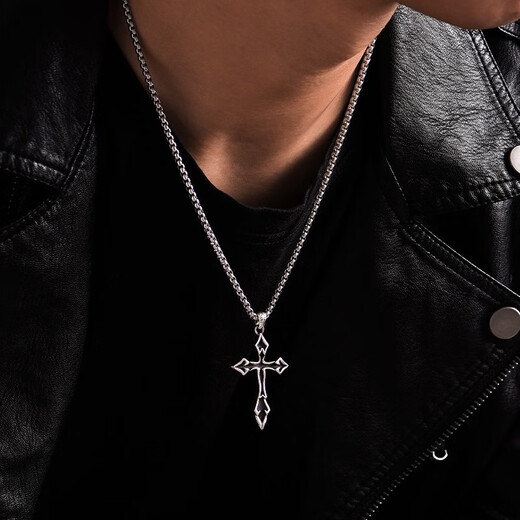 IDEAGEMER925 silver cross necklace men's personality retro niche simple versatile handsome boy pendant clavicle chain trend cross pendant + titanium steel chain 60CM supports engraving