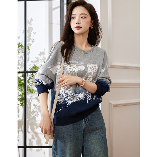 Demana Fashionable Gradient Casual Sweatshirt Spring and Autumn Cotton Round Neck Loose Slightly Elastic Sweatshirt Women's Top Heather Gray S