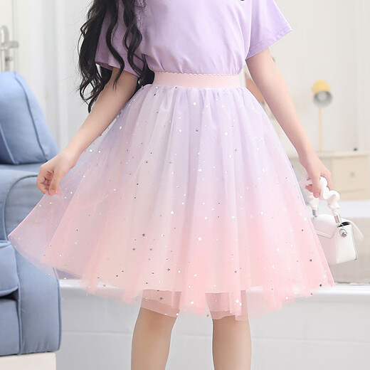 NICKYBABY女童纱裙半身裙2025新款夏季公主蓬蓬裙儿童套装网纱裙子夏季短裙 4118渐变色+9922白色 150