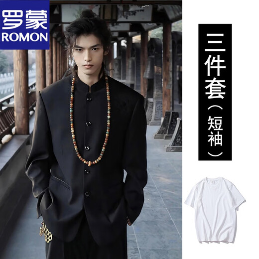 ROMON New Chinese style Chinese tunic suit Chinese style stand collar loose suit suit men's wedding and engagement wedding Chinese style high-end black jacket L
