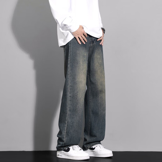 MAYBEYOND jeans men's American fashion brand high street workwear straight pants loose casual wide leg pants MA46 blue XL