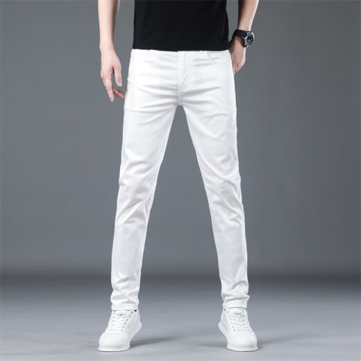 Luo Meng three-proof high-end white jeans men's trendy brand slim fit small feet 2024 summer thin stretch casual long pants 0611 white regular size 32