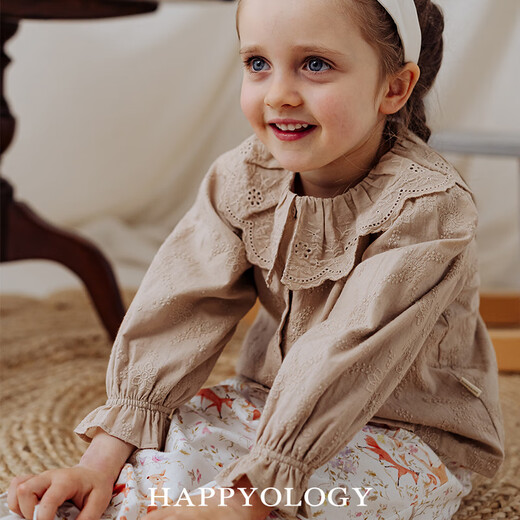 Happyology British children's tops girls embroidered shirt lapel spring and autumn embroidered long-sleeved shirt khaki 104 (104cm)