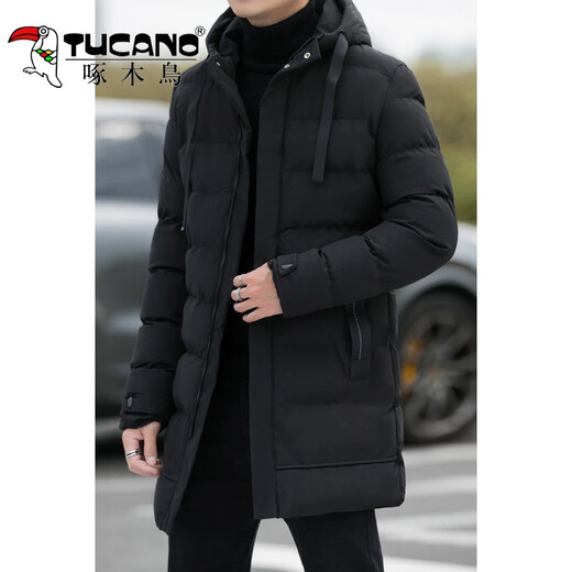 啄木鸟冬季中长款2024新款防风羽绒棉连帽外套男青年保暖时尚修身棉衣男 686 黑色 2XL （约 135-150斤）