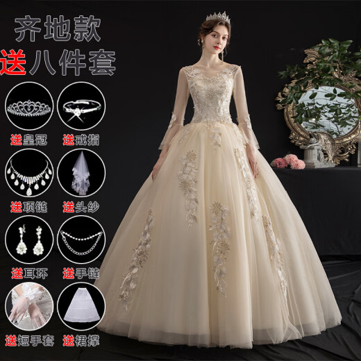 Korean light wedding dress winter new bride forest style one shoulder long sleeve fairy dreamy simple princess gauze skirt floor-length wedding dress plus eight-piece set champagne color XL