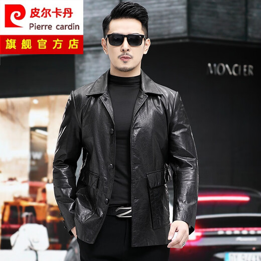 Pierre Cardin Haining first-layer waxed cowhide windbreaker genuine leather jacket for men medium-length suit collar windbreaker dad leather jacket black XL 175 (50)