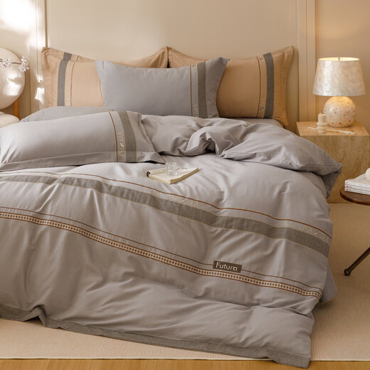 Mercury series home textiles Class A pure cotton thickened four-piece set 100 cotton brushed houndstooth embroidered quilt cover high-end bedding Hot style Class A pure cotton thickened/houndstooth-khaki gray 1.8 bed style four-piece set-quilt cover 200x230