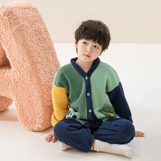 Wangwang team made great contributions to children's home clothes set coral velvet cardigan 2-piece set of boys' pajamas and baby girl's warm pajamas navy blue 120