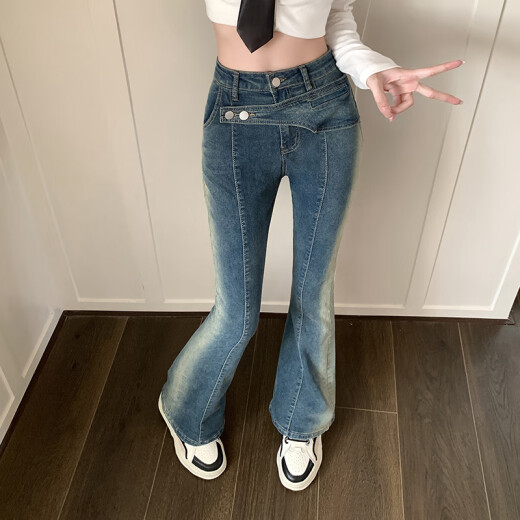 Pei Yan's retro hot girl jeans for women in autumn new high-waisted elastic slim slimming pants slightly flared pants retro blue M (recommended 95-110Jin [Jin equals 0.5kg])