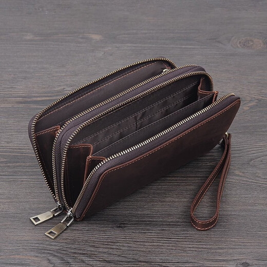 Manniqson billetera de cuero genuina bolso largo de embrague largo para hombres cuero loco de cuero doble con cremallera gran capacidad billetera para hombres bolsillo de teléfono móvil color de café oscuro