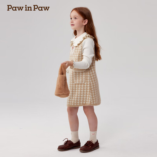 PawinPaw cartoon bear children's clothing autumn and winter girls' houndstooth woolen dress sweet Beige beige/35 120 cm