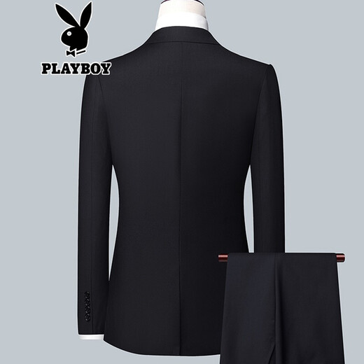 Playboy Business Suit Suit Men's Suit Men's Suit Formal Wear Work Professional Wear Men's Wedding Groom Groomsman Dress Black Two-Button Suit+Trousers+Shirt+Gift Bag XL