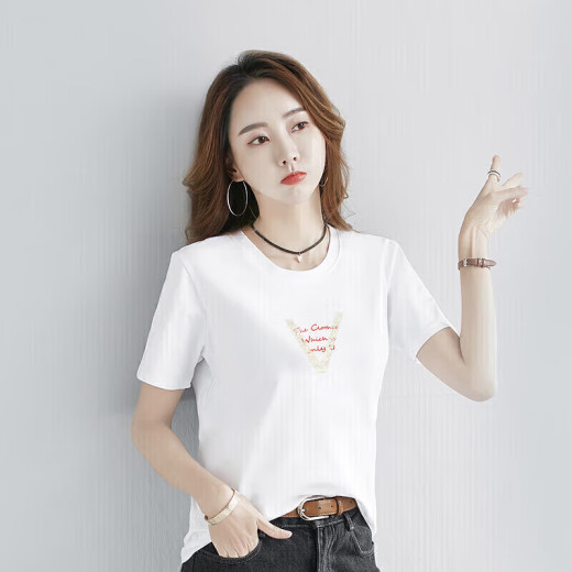 Yu Zhaolin Women's Korean Style Loose Solid Color Top Student Casual Versatile Short-Sleeved T-Shirt YWTD192182 White M