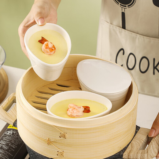 Muziqiu ceramic steaming bowl with lid, baby stew pot, small steaming cup, water-proof steamed egg, steamed rice, stewed egg, steamed egg custard special bowl, egg-shaped high-temperature ceramic bowl*3+porcelain lid*3