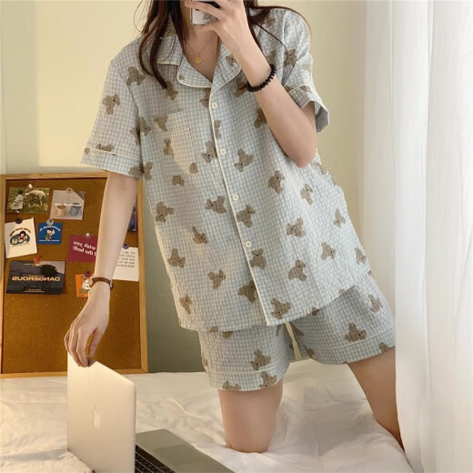 颂玫芬睡衣女夏季新网红风短开衫棉2025年可爱日系s家居服套装 s_854#双短 绿口袋花边 均码 l