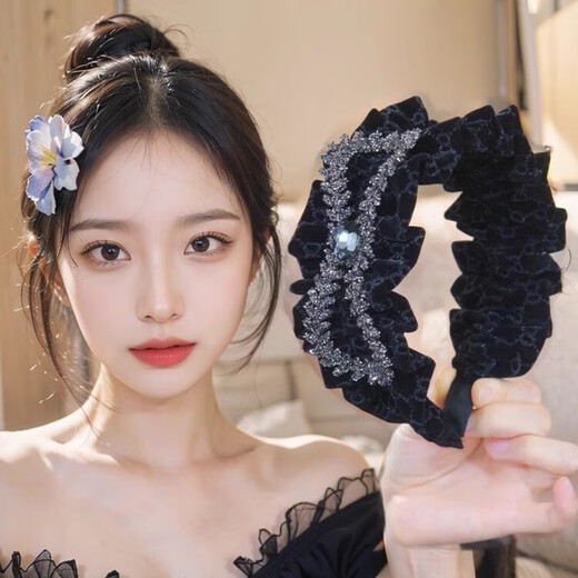 Bai Shilin Lace Velvet Rhinestone Bow Headband Women's Going Out High-end Hairband Headwear High-End Hairpin Valentine's Day Gift Black Rhinestone Bow Headband