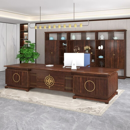 YARXCHEG new Chinese style solid wood desk boss desk ebony wood president office high-end executive desk furniture combination set 2.4m desk (golden sandalwood)