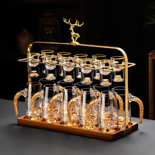 Sailotou Light Luxury Crystal Glass White Cup Set Household Chinese-style Small Cup Two-Two Points Utensil Gold Foil Style 10 Pots 10 Cups Set + Golden Deer Cup