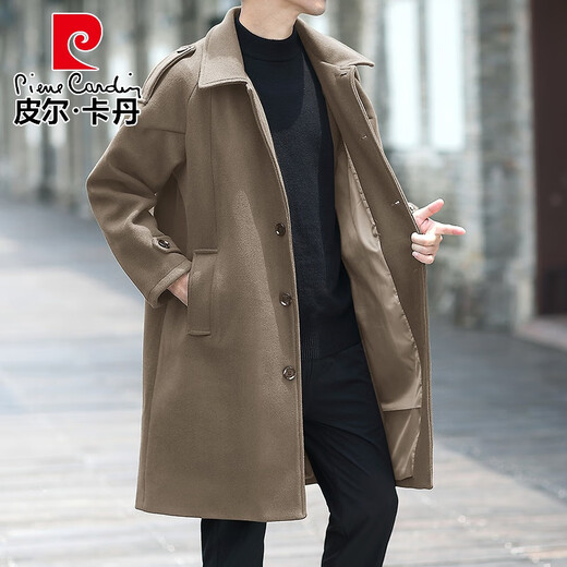 Pierre Cardin autumn and winter new trendy men's thickened mid-length windbreaker casual woolen coat loose and handsome woolen coat cotton black thickened M
