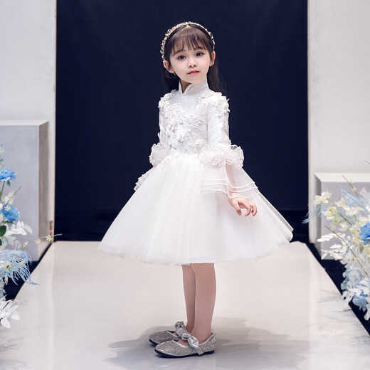 Xiaoka Yi Nong Girls' Dress Temperament Flower Girl Wedding Dress Little Girl Princess Dress Children's Piano Performance Clothes Winter Long Sleeve White F462 Lantern Sleeve (Spring and Summer Style) 130cm